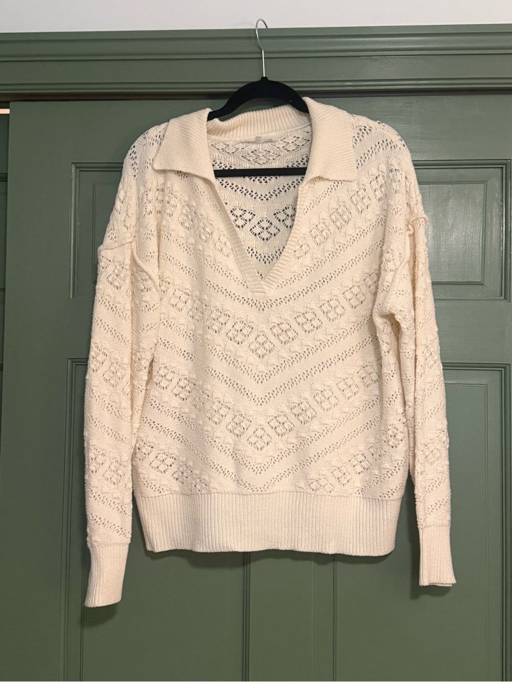 Heartloom Cream Openwork V-Neck Collared Sweater